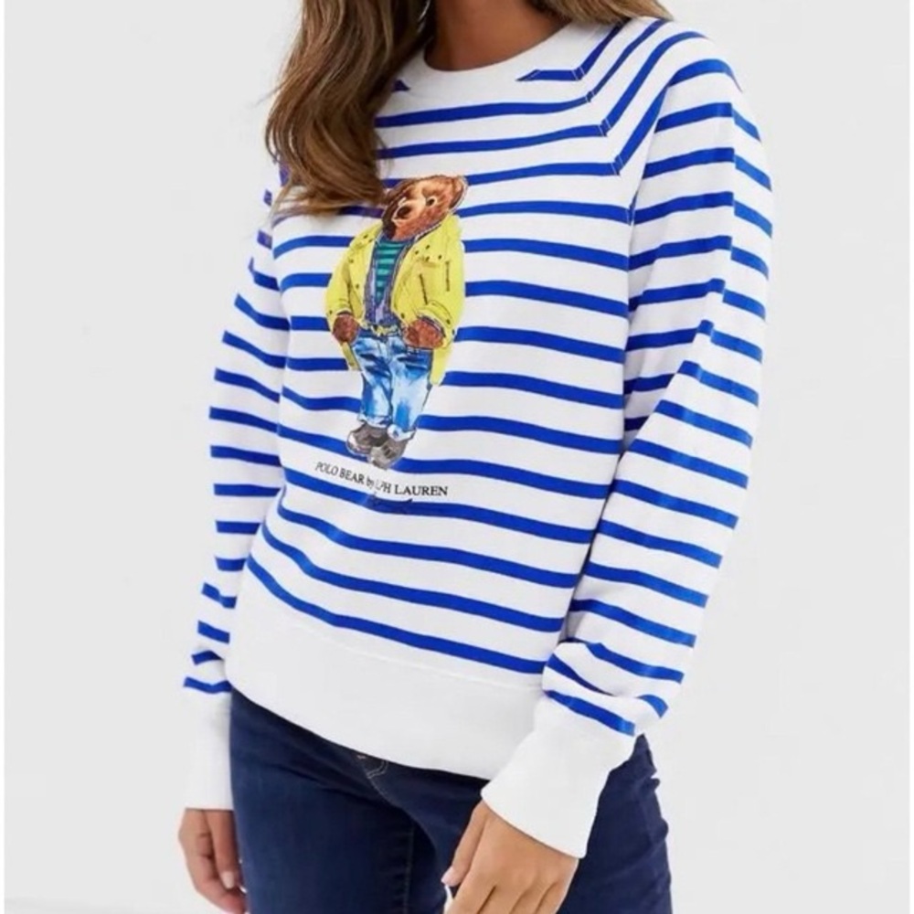 Polo Ralph Lauren Blue & White Crewneck Bear Logo Fleece sweatshirt limited XS